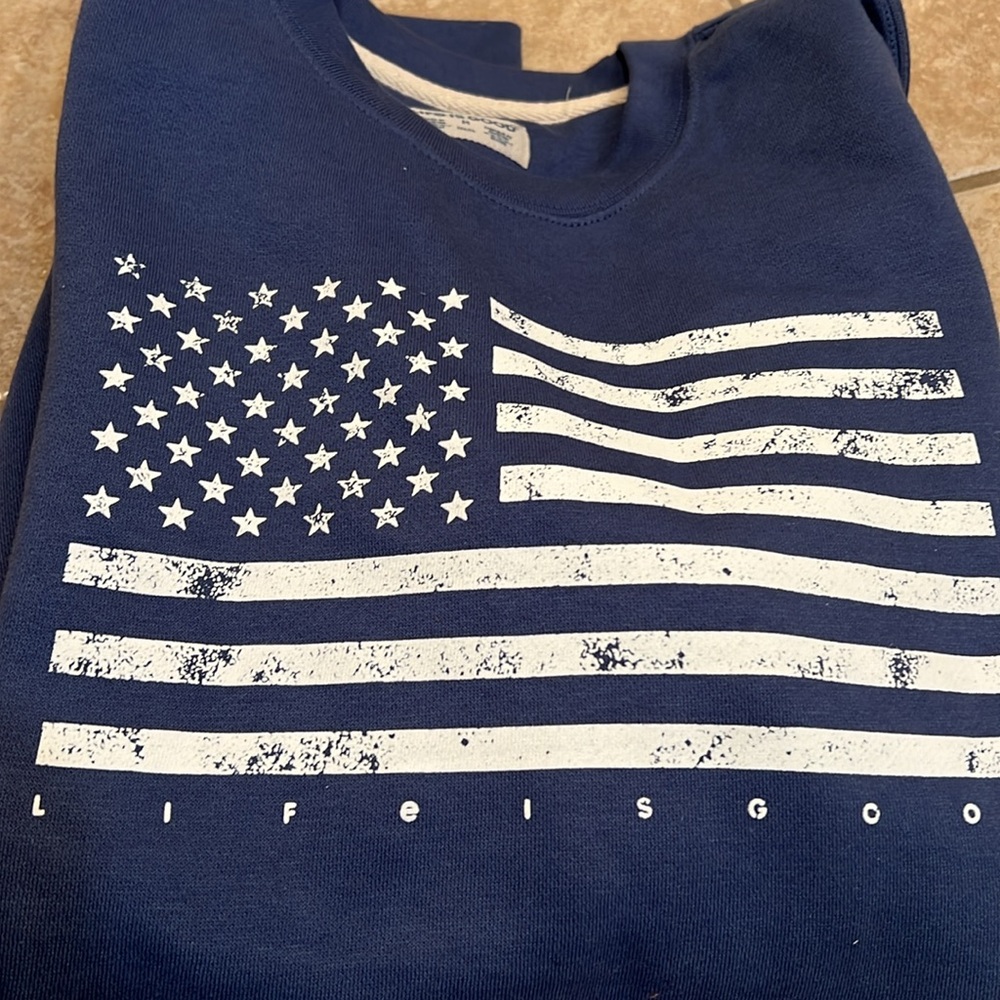 Life is Good unisex Navy Crewneck Sweatshirt with American Flag